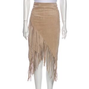 INTERMIX Genuine Suede Fringe Asymmetrical Skirt Tan Beige Size S $430